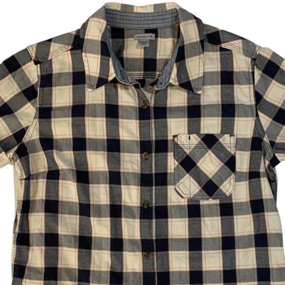 Carhartt Shirt, Plaid Button Down Cuffed Short Sleeve, Navy White, EUC, 8/10 M - Picture 3 of 9